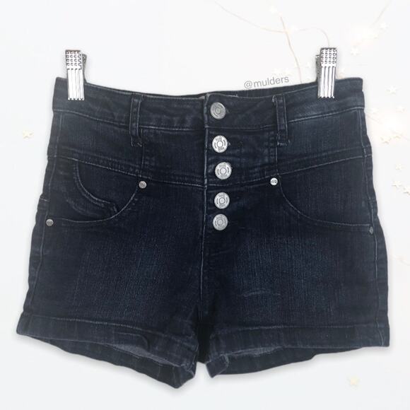 Tilly's RSQ Newport High Rise Denim Jean Button Up Blue Dark Wash Shorts - Picture 1 of 7